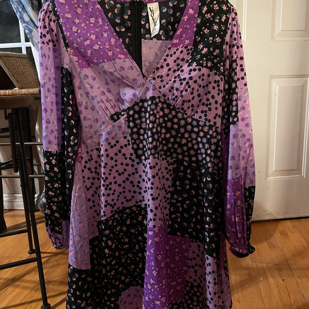 Violet Romance v neck mini dress in purple patchwork print